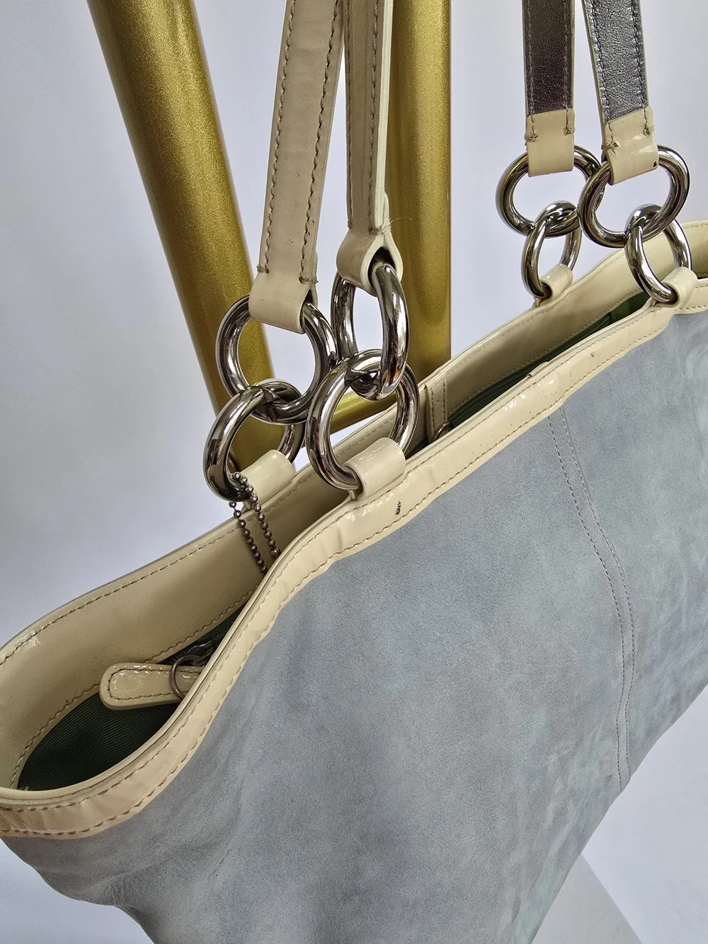 COACH Light Blue Suede Shoulder Purse with Cream Trim Hampton